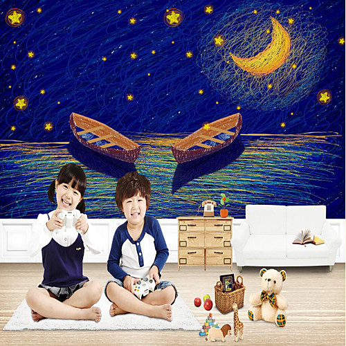 

Custom Self-adhesive Mural Wallpaper Lake Night Children Cartoon Style Suitable For Bedroom Children's Room School Party Home Decoration Modern Wall Covering