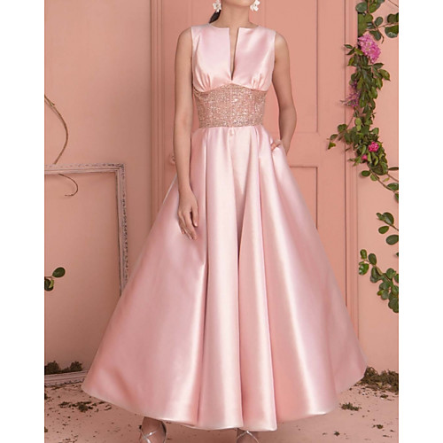 

A-Line Elegant Minimalist Wedding Guest Prom Dress Jewel Neck Sleeveless Ankle Length Satin with Sash / Ribbon Pleats 2020