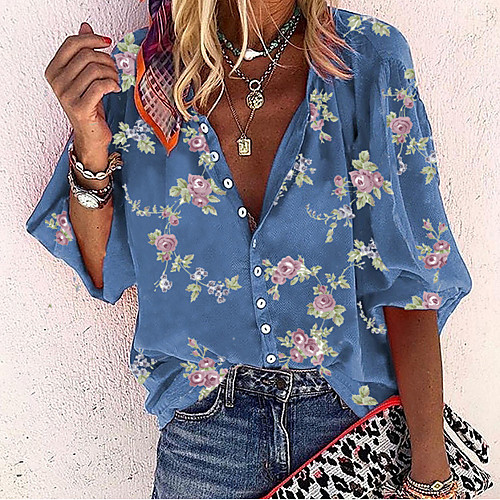 

Women's Shirt Floral Tops - Print V Neck Basic Daily Blue M L XL 2XL 3XL