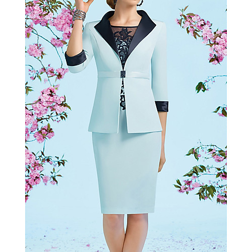 

Two Piece Sheath / Column Mother of the Bride Dress Elegant Jewel Neck Knee Length Stretch Satin 3/4 Length Sleeve with Appliques 2020