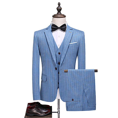 

Blue Striped Standard Fit Polyester Suit - Notch Single Breasted One-button / Suits