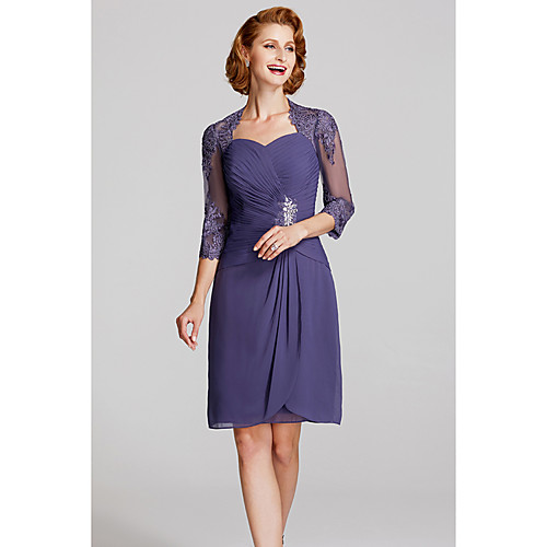 

Sheath / Column Mother of the Bride Dress Plus Size Elegant Queen Anne Knee Length Chiffon Lace Half Sleeve with Sequin 2021