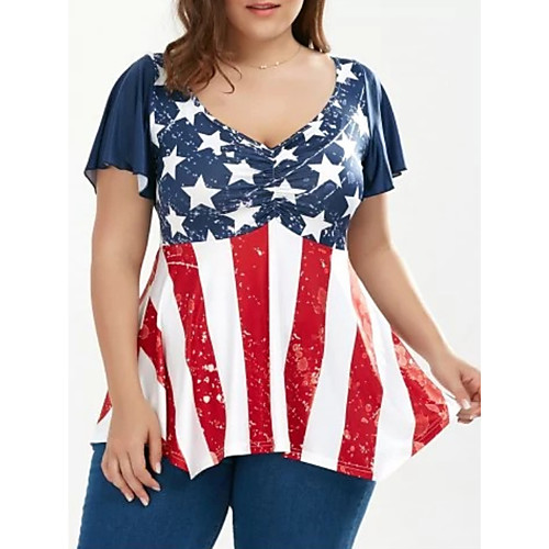

Women's T-shirt Plus Size National Flag Tops V Neck Daily Summer Red L XL 2XL 3XL 4XL 5XL