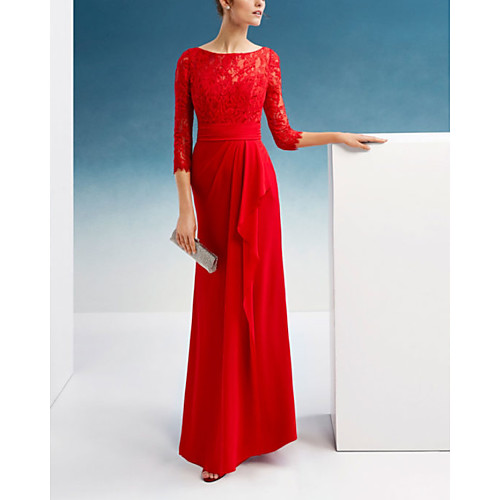 

Sheath / Column Elegant Beautiful Back Engagement Formal Evening Dress Jewel Neck 3/4 Length Sleeve Floor Length Chiffon Lace with Embroidery 2020