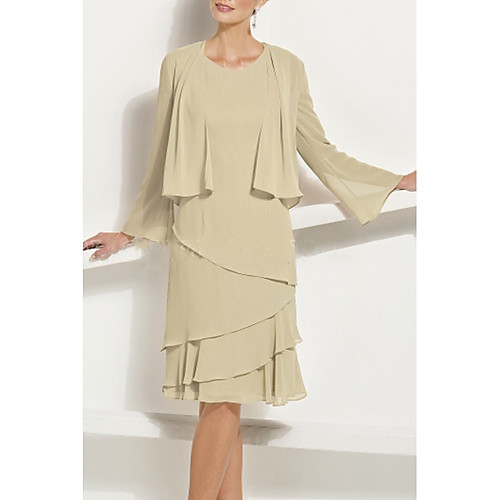 

Two Piece Sheath / Column Mother of the Bride Dress Wrap Included Jewel Neck Knee Length Chiffon Long Sleeve with Cascading Ruffles 2021