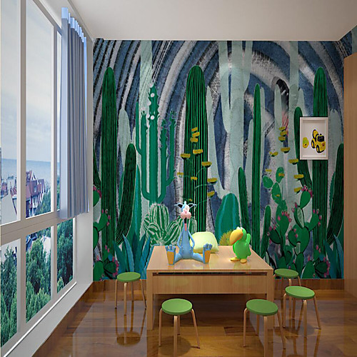 

Custom Self-adhesive Mural Wallpaper Green Cactus Children's Cartoon Style Suitable For Room School Party home decoration