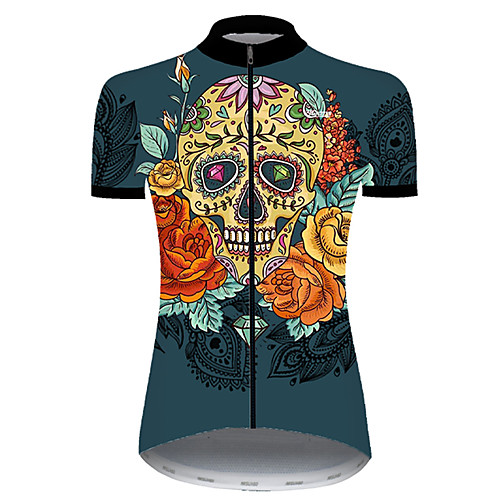 

21Grams Women's Short Sleeve Cycling Jersey Nylon Polyester BlueYellow Skull Floral Botanical Funny Bike Jersey Top Mountain Bike MTB Road Bike Cycling Breathable Quick Dry Ultraviolet Resistant