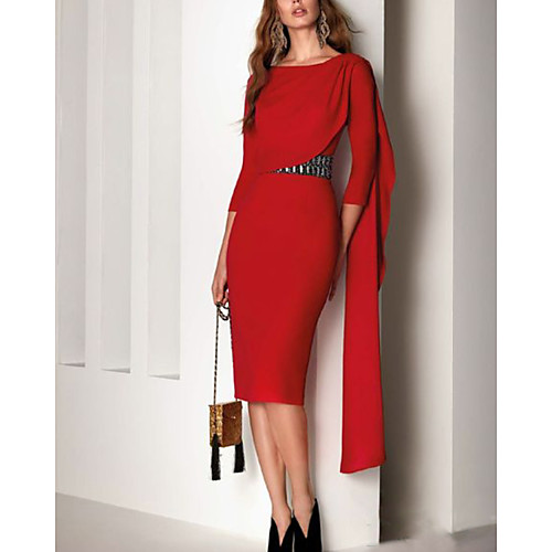 

Sheath / Column Elegant Beautiful Back Party Wear Cocktail Party Dress Jewel Neck Half Sleeve Knee Length Chiffon with Sash / Ribbon 2020