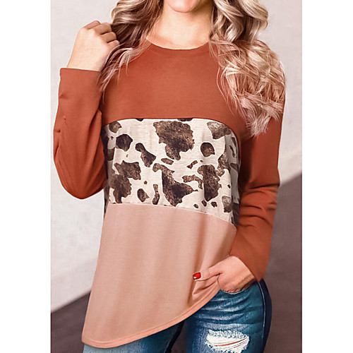 

Women's T-shirt Leopard Tops Round Neck Daily Summer Brown S M L XL