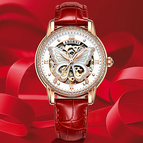 

Women's Mechanical Watch Butterfly Elegant Stainless Steel Genuine Leather Automatic self-winding White Red Blushing Pink Water Resistant / Waterproof Analog