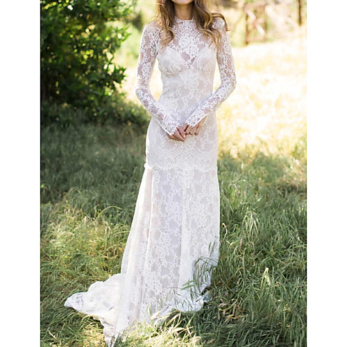 

A-Line Wedding Dresses Jewel Neck Sweep / Brush Train Lace Stretch Satin Long Sleeve Country Sexy See-Through with Lace 2020