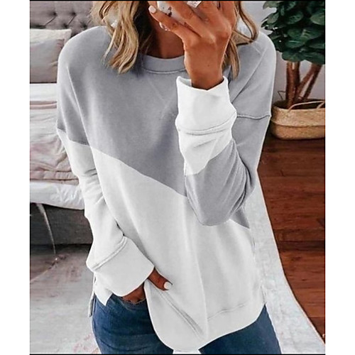 

Women's T shirt Color Block Long Sleeve Round Neck Tops Basic Top Gray
