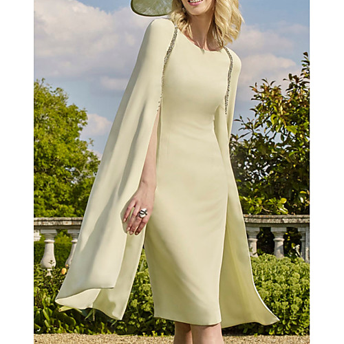 

Sheath / Column Mother of the Bride Dress Elegant Jewel Neck Knee Length Chiffon Short Sleeve with Crystals 2020