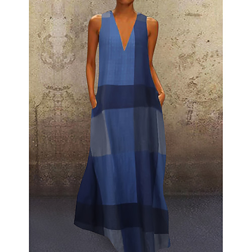 

Women's A Line Dress Maxi long Dress Blue Red Yellow Sleeveless Color Block Summer V Neck Hot Elegant Maxi Dress 2021 S M L XL