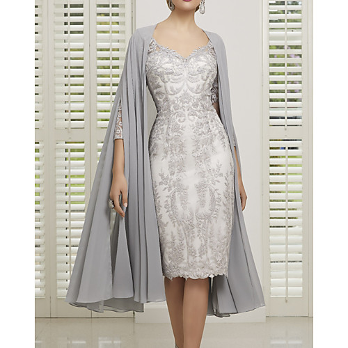 

Sheath / Column Mother of the Bride Dress Elegant V Neck Knee Length Satin Tulle 3/4 Length Sleeve with Appliques 2020