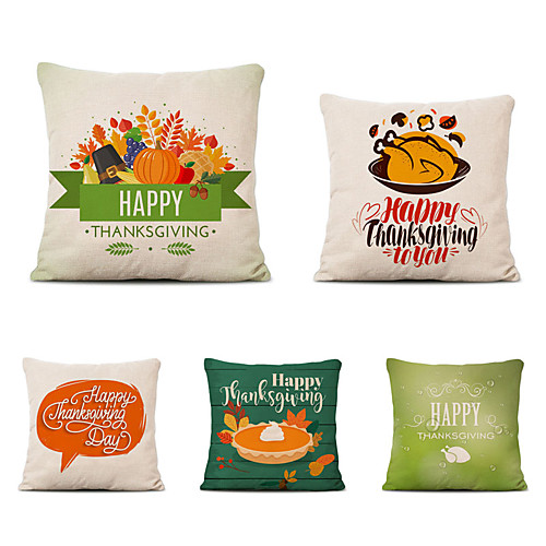 

Set of 5 Thanksgiving Linen Square Decorative Throw Pillow Cases Sofa Cushion Covers 18x18
