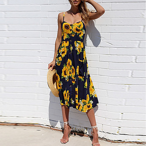 

Women's Strap Dress Midi Dress - Sleeveless Print Print Summer Casual Sexy 2020 White Blue Yellow Blushing Pink Navy Blue S M L XL