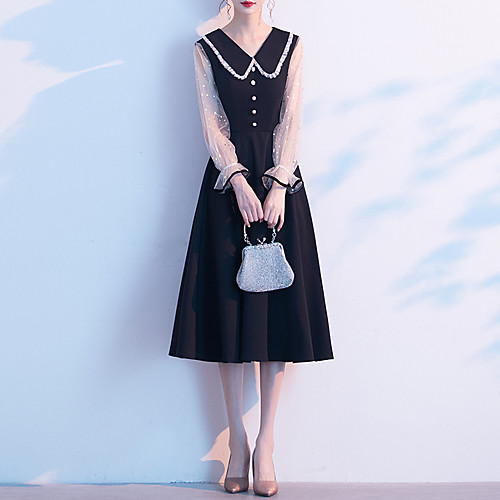 

A-Line Color Block Minimalist Homecoming Cocktail Party Dress V Neck Long Sleeve Knee Length Spandex with Buttons 2021