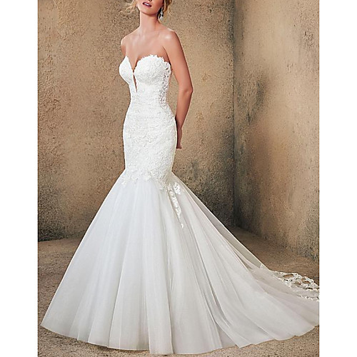 

Mermaid / Trumpet Wedding Dresses Strapless Sweep / Brush Train Lace Tulle Sleeveless Formal Sexy Backless with Embroidery Appliques 2020