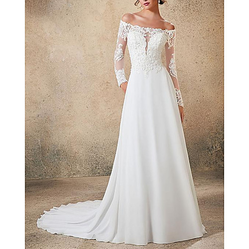 

A-Line Wedding Dresses Off Shoulder Sweep / Brush Train Lace Chiffon Over Satin Long Sleeve Country See-Through with Embroidery Appliques 2020