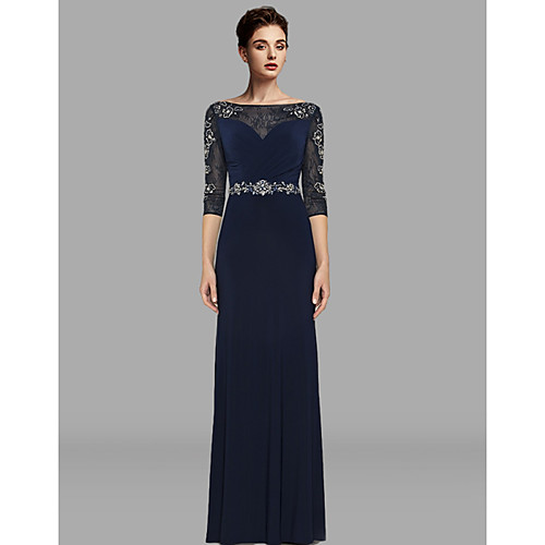 

A-Line Mother of the Bride Dress Elegant Jewel Neck Floor Length Chiffon Lace 3/4 Length Sleeve with Sash / Ribbon Crystals Beading 2020