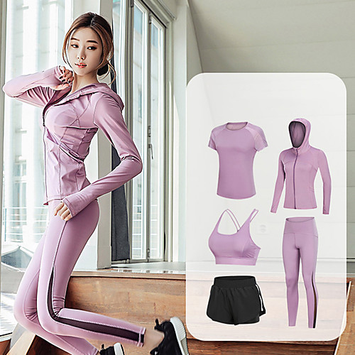 

Women's 5pcs Tracksuit Yoga Suit Thumbhole Patchwork Wirefree Fashion Black Purple Dark Purple Mesh Yoga Running Fitness Sports Bra Jacket Tee / T-shirt Long Sleeve Sport Activewear Breathable