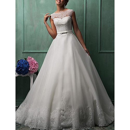 

Ball Gown A-Line Wedding Dresses Jewel Neck Sweep / Brush Train Lace Tulle Cap Sleeve Formal See-Through with Sashes / Ribbons Buttons Embroidery 2020