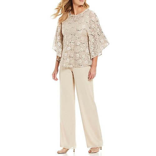 

Pantsuit / Jumpsuit Mother of the Bride Dress Elegant Jewel Neck Floor Length Chiffon Lace 3/4 Length Sleeve with Embroidery 2021
