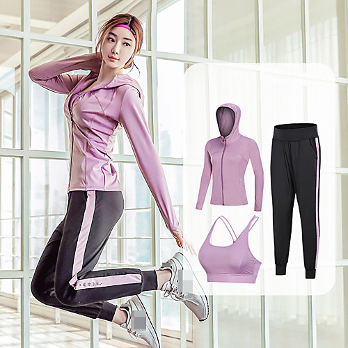 

Women's 3pcs Tracksuit Harem Wirefree Fashion Black Purple Dark Purple Mesh Yoga Running Fitness Sports Bra Jacket Pants / Trousers Sport Activewear Breathable Reflective Logo Quick Dry Stretchy