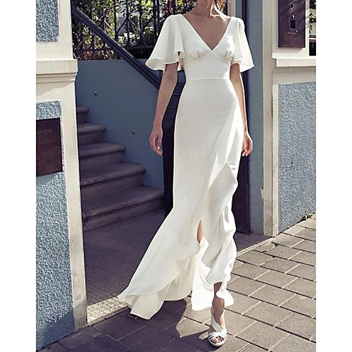 

Sheath / Column Maxi Sexy Party Wear Prom Dress V Neck Short Sleeve Floor Length Chiffon with Split 2021