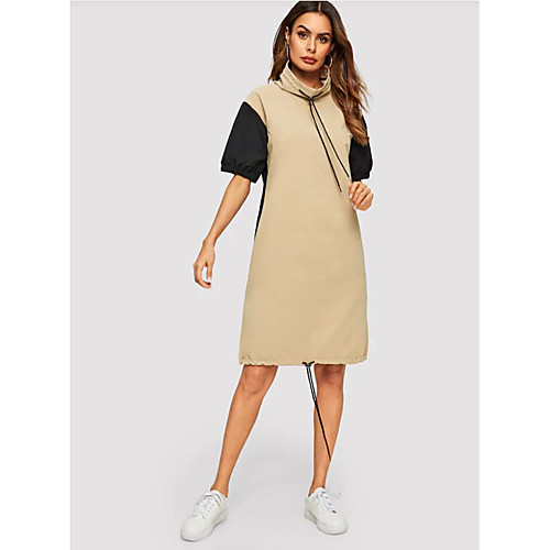 

Women's Shift Dress Knee Length Dress - Short Sleeves Color Block Split Patchwork Summer Casual 1920s Sports Going out 2020 Khaki S M L XL