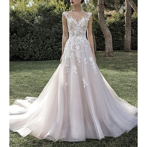 

A-Line Wedding Dresses Jewel Neck Court Train Lace Tulle Cap Sleeve Formal Sexy Backless with Embroidery Appliques 2020