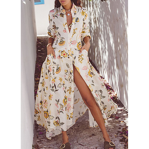 

Women's A-Line Dress Maxi long Dress - 3/4 Length Sleeve Floral Summer Work 2020 Beige S M L XL