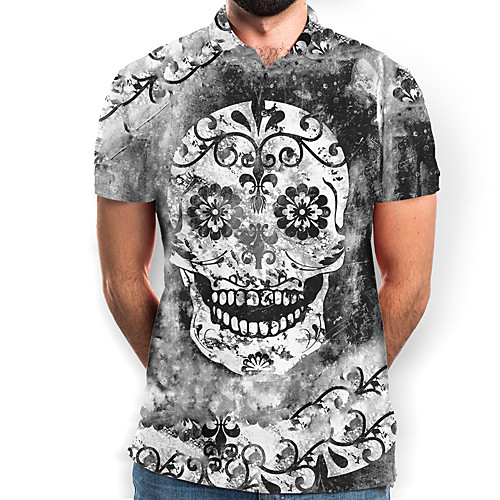 

Men's Graphic Skull Print Polo Basic Daily Black