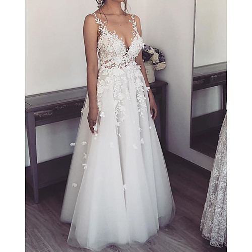 

A-Line Wedding Dresses V Neck Spaghetti Strap Sweep / Brush Train Lace Tulle Sleeveless Sexy See-Through with Embroidery 2020