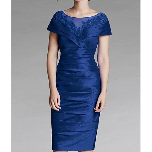 

Sheath / Column Mother of the Bride Dress Elegant Illusion Neck Knee Length Satin Tulle Short Sleeve with Appliques Ruching 2020