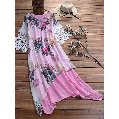 

Women's Shift Dress Midi Dress - Short Sleeves Floral Patchwork Print Summer Casual Daily 2020 Blushing Pink Green M L XL XXL XXXL XXXXL XXXXXL