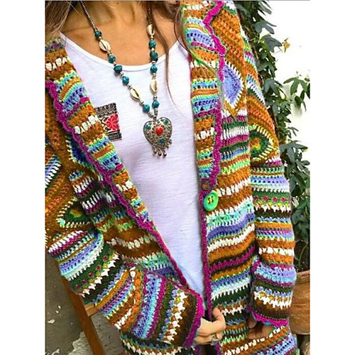 

Women's Striped Long Sleeve Cardigan Sweater Jumper, Shirt Collar Blue / Purple / Red S / M / L