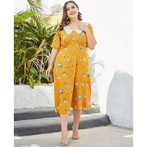 

Women's Plus Size Sheath Dress Midi Dress - Short Sleeves Print Summer V Neck Casual Mumu 2020 Yellow XL XXL XXXL XXXXL XXXXXL
