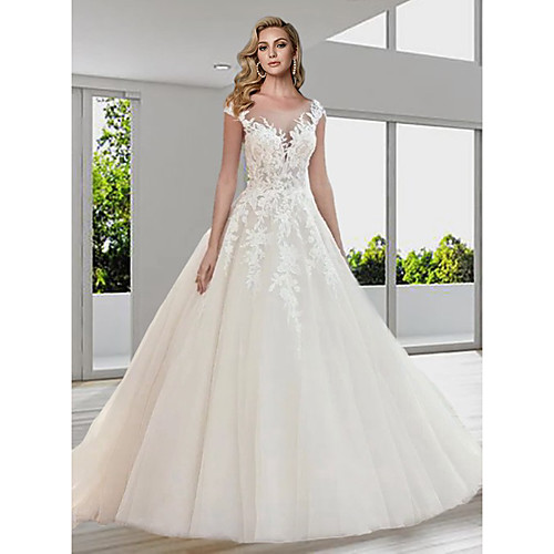 

Ball Gown A-Line Wedding Dresses Jewel Neck Sweep / Brush Train Lace Tulle Short Sleeve Sexy See-Through Backless with Embroidery Appliques 2020
