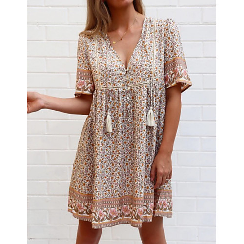 

Women's A Line Dress Knee Length Dress Camel Half Sleeve Floral Summer V Neck Hot Casual 2021 S M L XL XXL 3XL