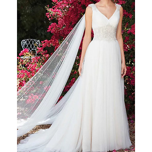 

A-Line Wedding Dresses V Neck Sweep / Brush Train Lace Tulle Sleeveless Beach with Beading 2020