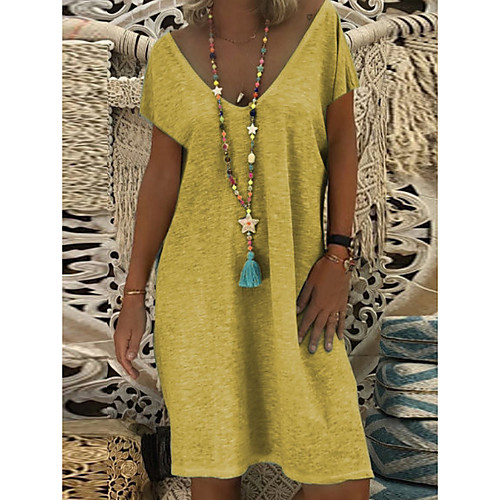 

Women's A-Line Dress Knee Length Dress - Short Sleeves Solid Color Summer Casual 2020 Purple Yellow Khaki Light Blue S M L XL XXL XXXL