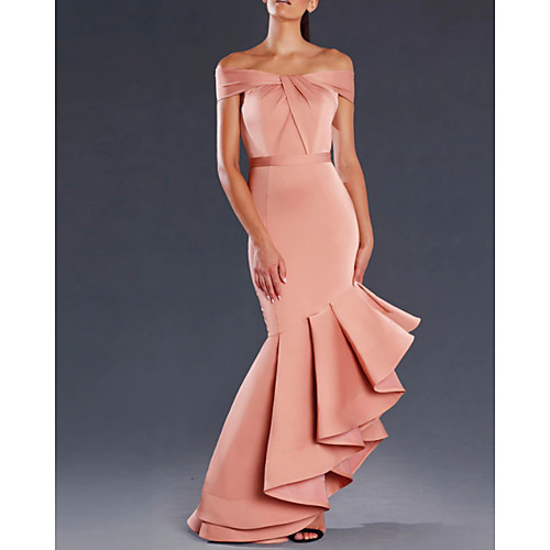 

Mermaid / Trumpet Minimalist Sexy Engagement Prom Dress Off Shoulder Sleeveless Asymmetrical Satin with Sleek Ruffles 2020