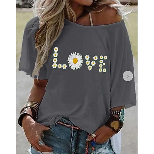 

Women's T-shirt Geometric Letter Tops Round Neck Loose Cotton Daily Summer Yellow Gray S M L XL 2XL