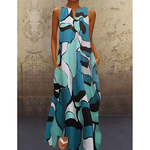 

Women's Maxi long Dress Blue Red Green Sleeveless Geometric Pocket Print Summer V Neck Hot Casual S M L XL XXL 3XL