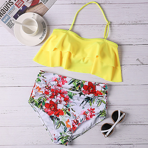 

Women's Tankini Swimsuit Ruffle Floral Yellow Swimwear Bathing Suits