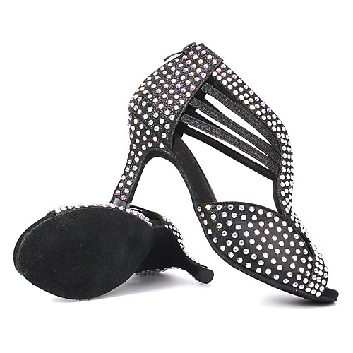 

Women's Latin Shoes Salsa Shoes Heel Rhinestone Crystals Flared Heel Black Gold Silver Zipper