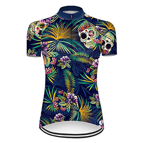 

21Grams Women's Short Sleeve Cycling Jersey Nylon Polyester BlueGreen Gradient Skull Floral Botanical Bike Jersey Top Mountain Bike MTB Road Bike Cycling Breathable Quick Dry Ultraviolet Resistant