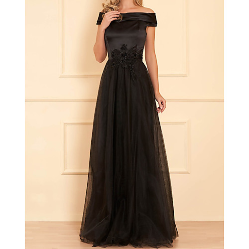 

A-Line Elegant Floral Engagement Formal Evening Dress Off Shoulder Short Sleeve Floor Length Satin Tulle with Appliques 2021